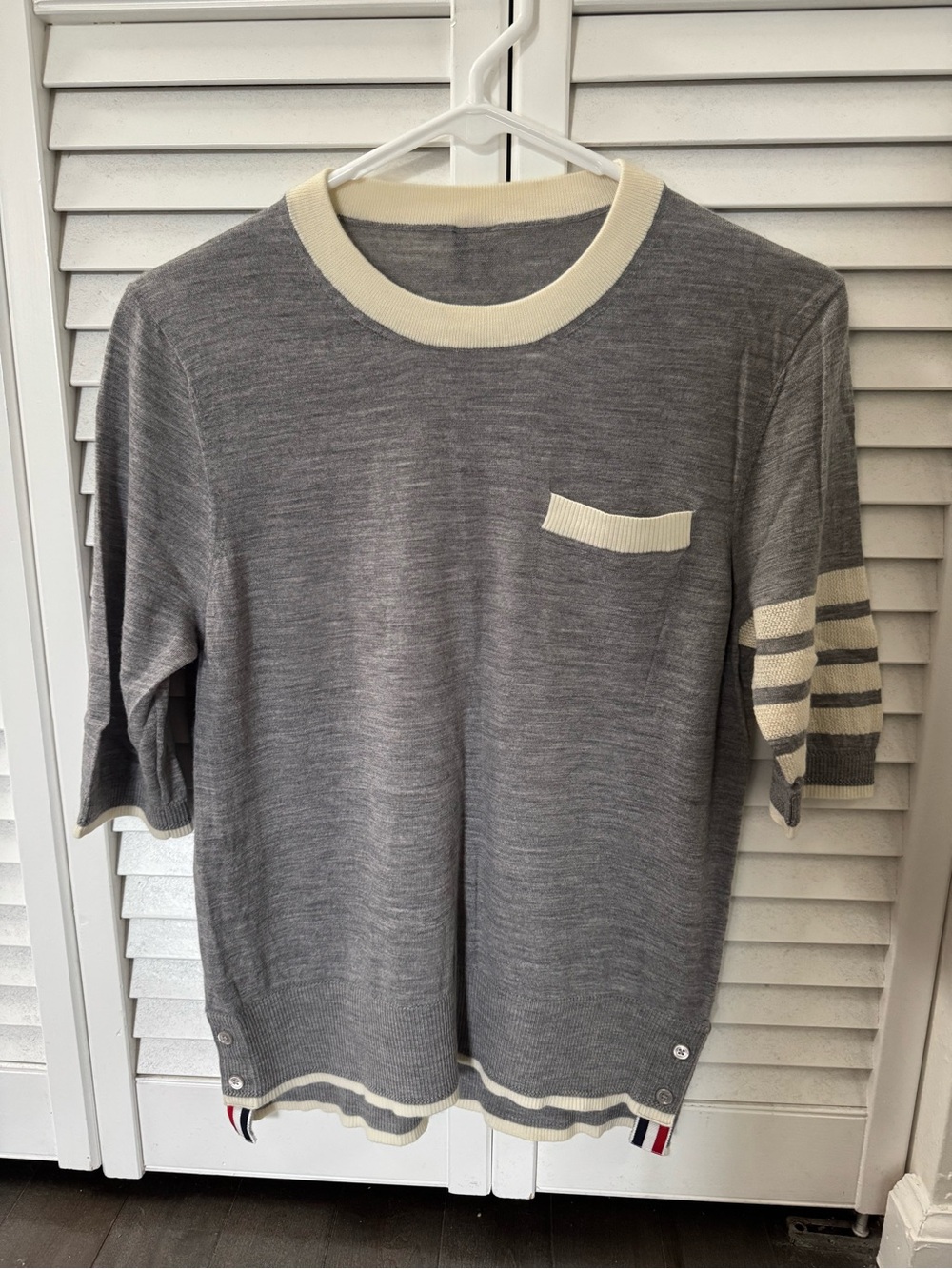 Thom Browne Women’s Pink Rib Knit Striped Sleeve Button Hem Sweater  Size 40